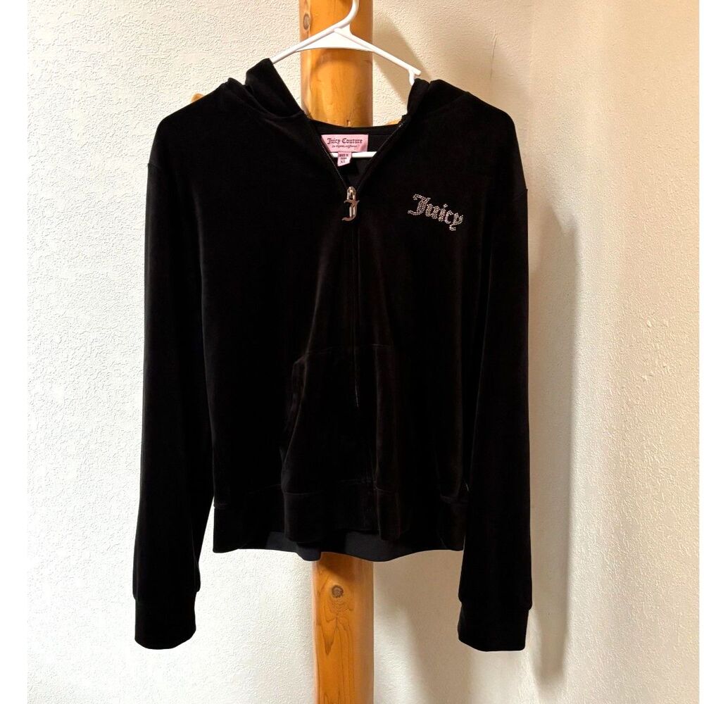 Juicy Couture Black Velour Zip Hoodie Rhinestone Logo Y2K Women's XL